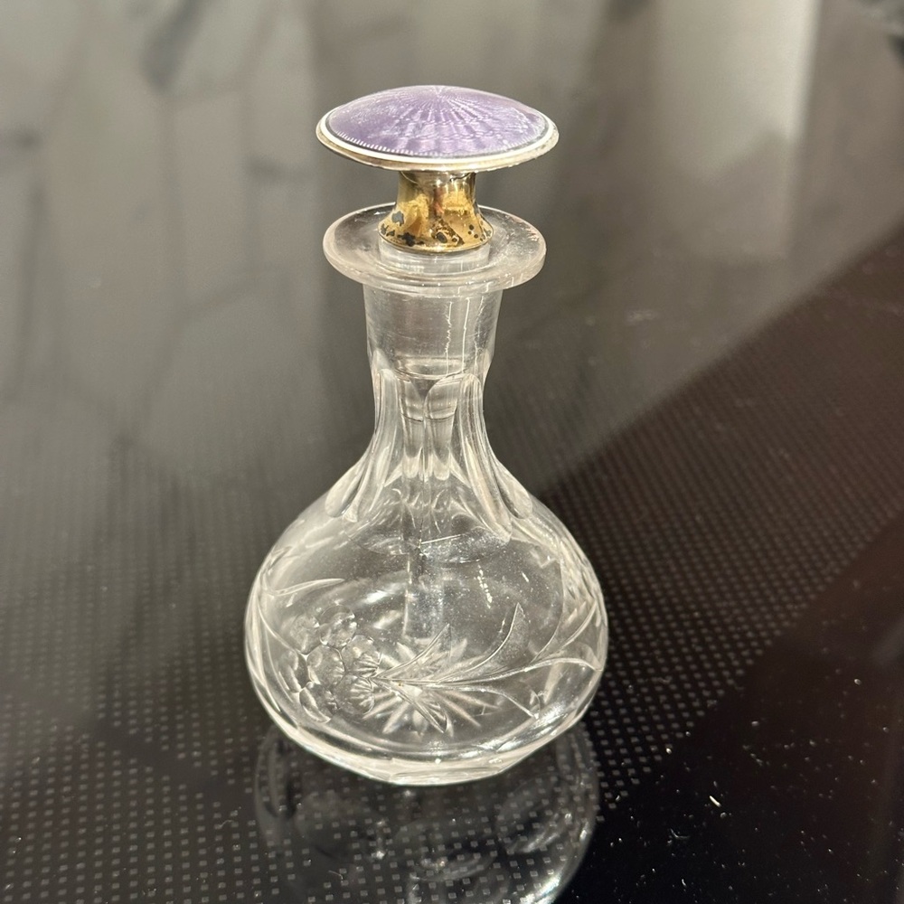 Rare Cut Crystal, Sterling Silver, Purple Guilloche Perfume Bottle